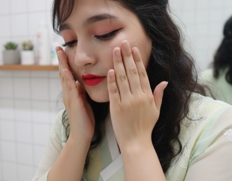 Woman applying skincare on face during Korean glass skin night routine