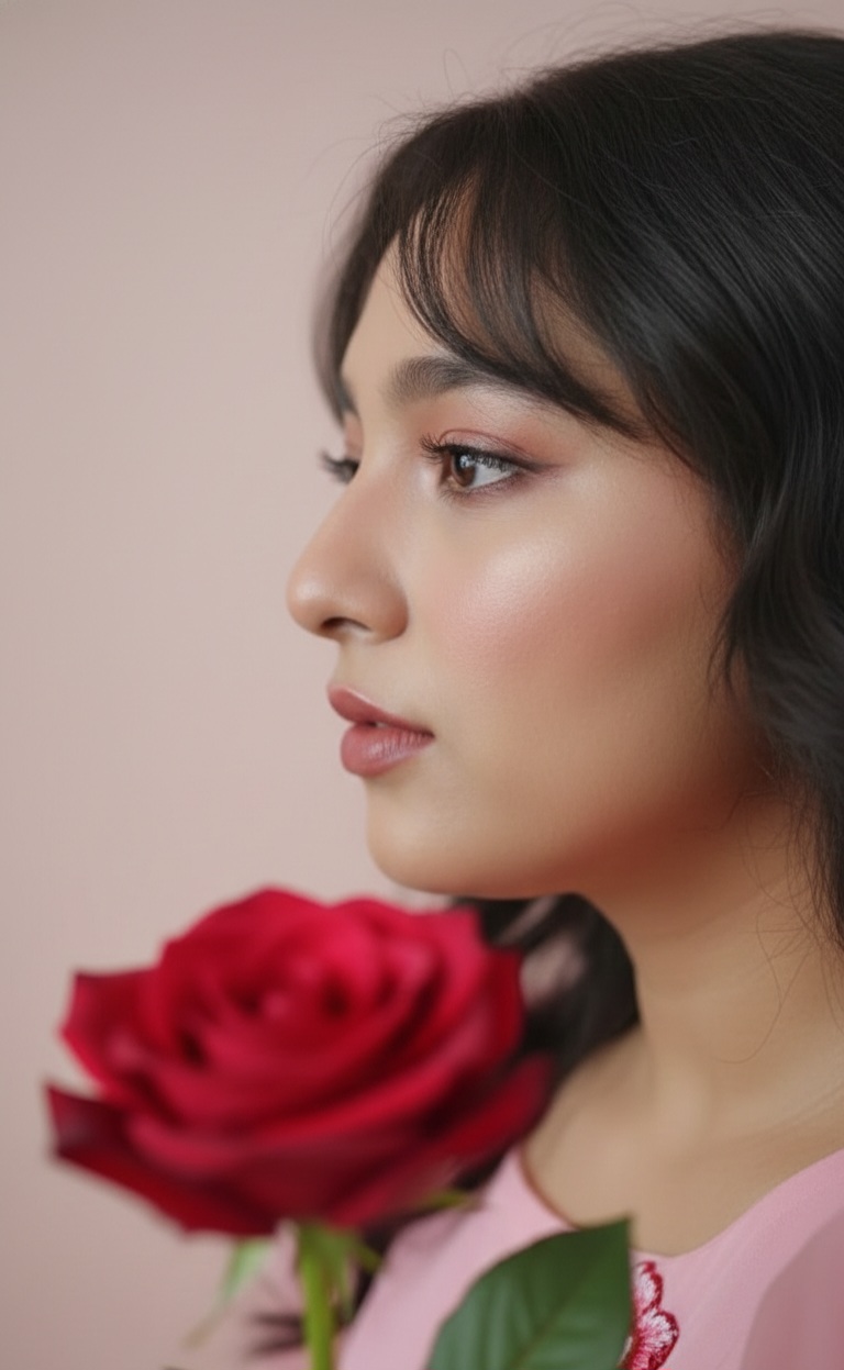 Rose Day beauty look with red rose and soft makeup for Valentine Week