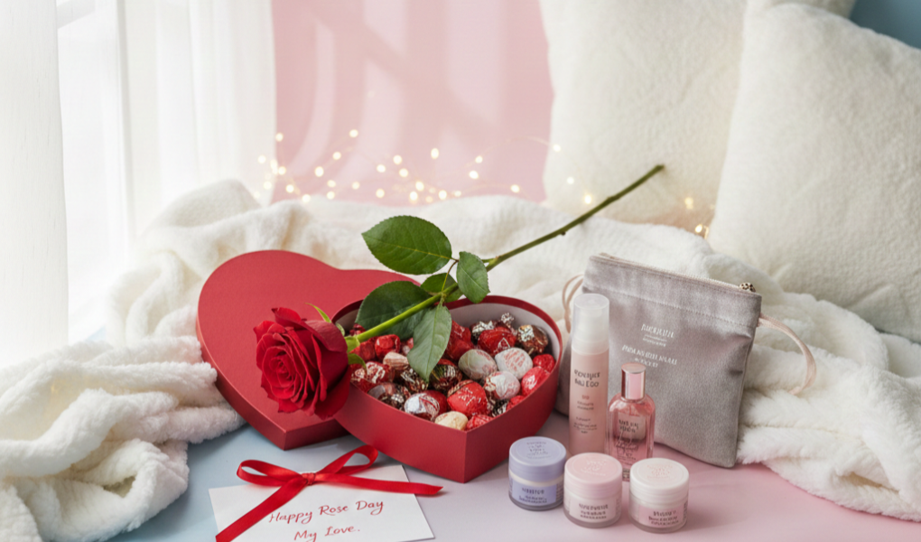 Rose Day beauty gift ideas with red rose, skincare and self-care products