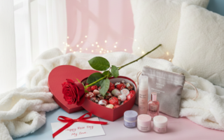 Rose Day beauty gift ideas with red rose, skincare and self-care products