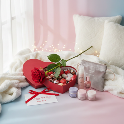Rose Day beauty gift ideas with red rose, skincare and self-care products