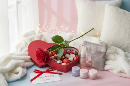 Rose Day beauty gift ideas with red rose, skincare and self-care products