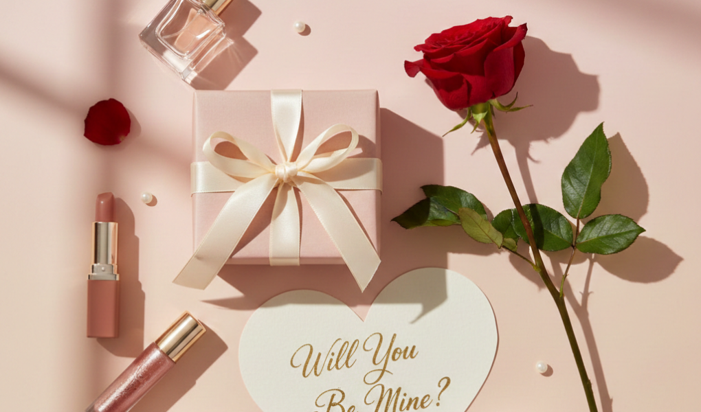 Propose Day beauty gift ideas with rose lipstick perfume and romantic Valentine flat lay