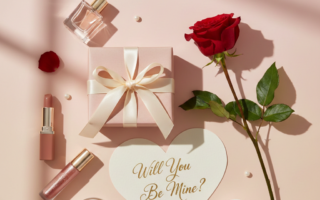 Propose Day beauty gift ideas with rose lipstick perfume and romantic Valentine flat lay