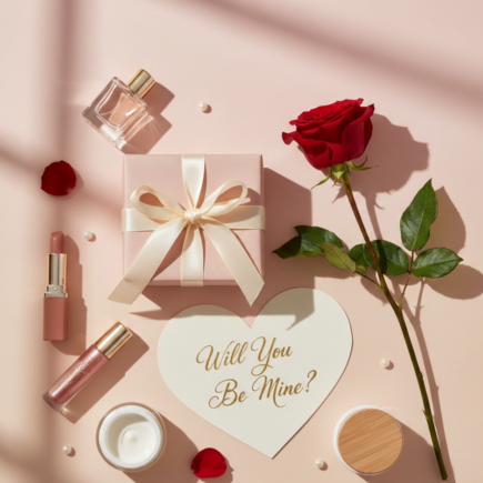 Propose Day beauty gift ideas with rose lipstick perfume and romantic Valentine flat lay