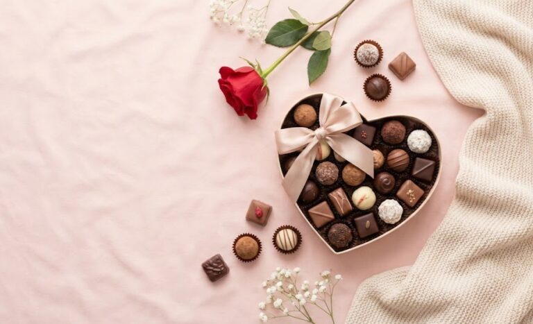 Chocolate Day gift ideas with heart shaped chocolate box and rose
