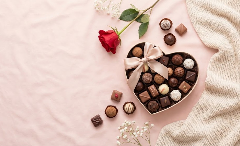 Chocolate Day gift ideas with heart shaped chocolate box and rose
