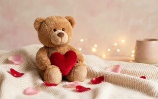 Cute teddy bear holding red heart on Teddy Day with romantic Valentine week vibe