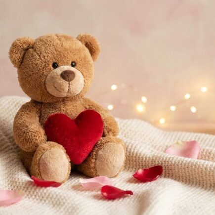 Cute teddy bear holding red heart on Teddy Day with romantic Valentine week vibe