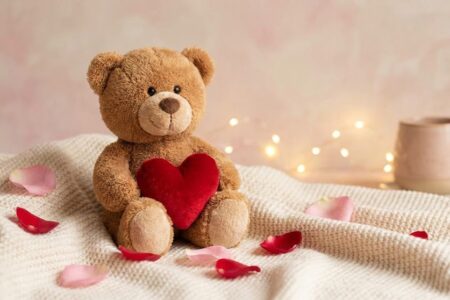 Cute teddy bear holding red heart on Teddy Day with romantic Valentine week vibe