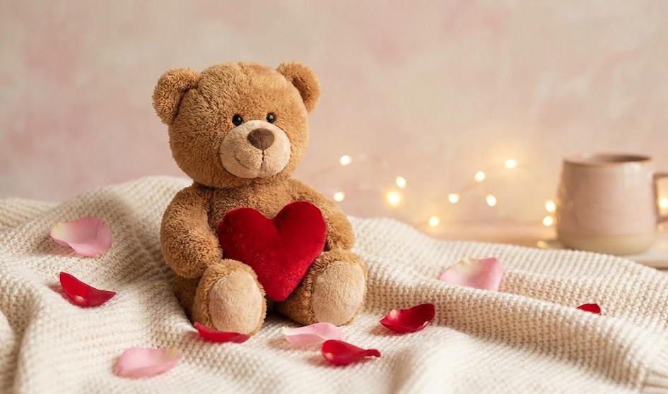 Cute teddy bear holding red heart on Teddy Day with romantic Valentine week vibe