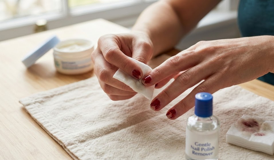 Removing old nail polish before starting manicure at home
