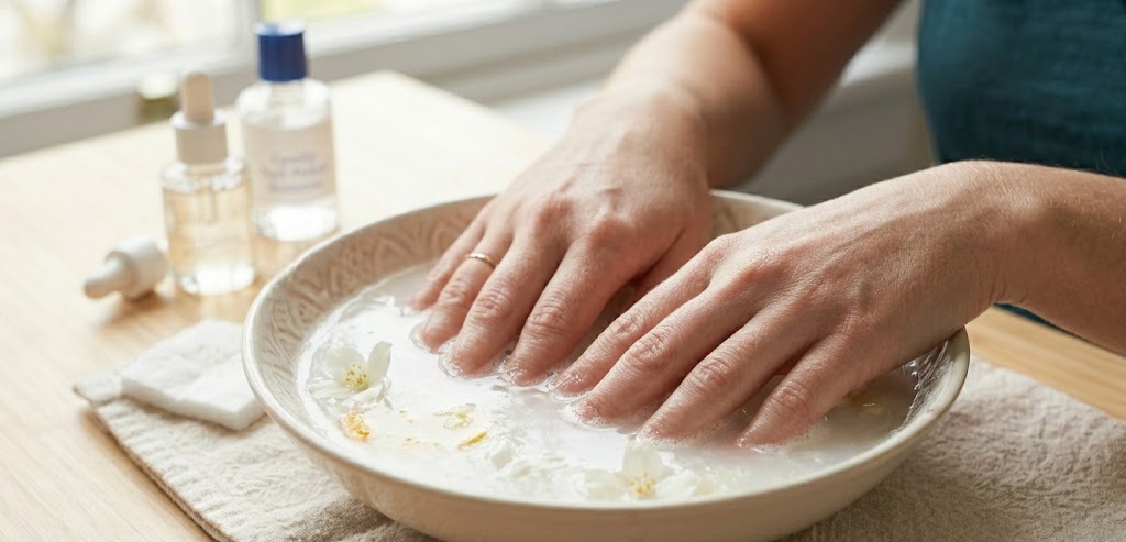 Soaking hands in warm water for manicure at home