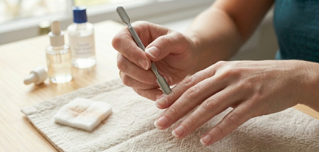 Gently pushing back cuticles in home manicure routine