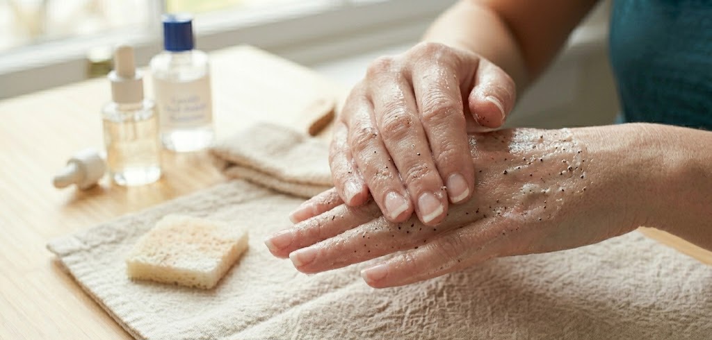 Exfoliating hands with scrub during manicure at home