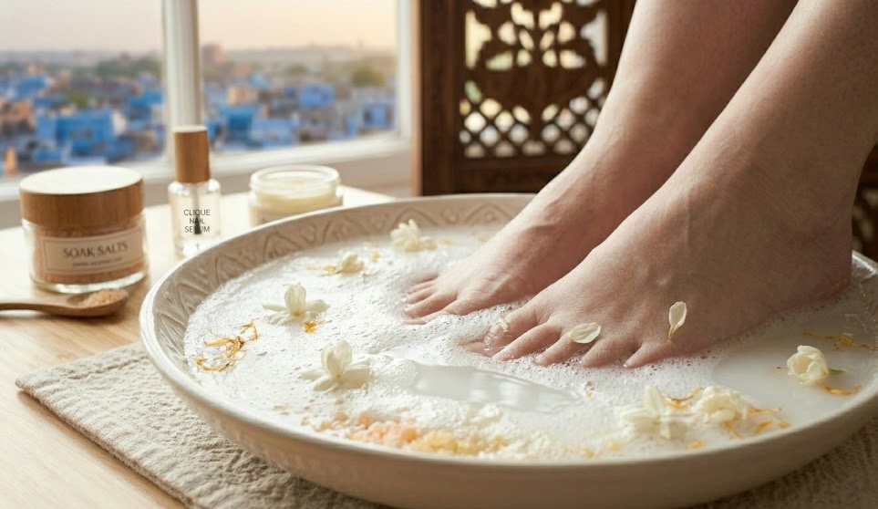 Soaking feet in warm water for pedicure at home