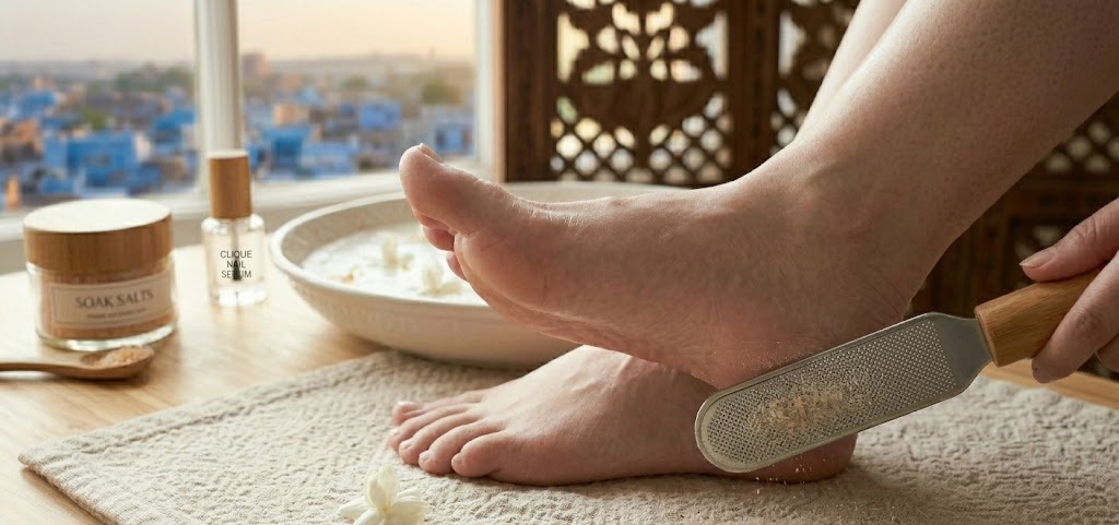 Using pumice stone to remove dead skin from heels