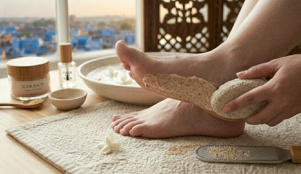 Scrubbing feet gently during pedicure at home