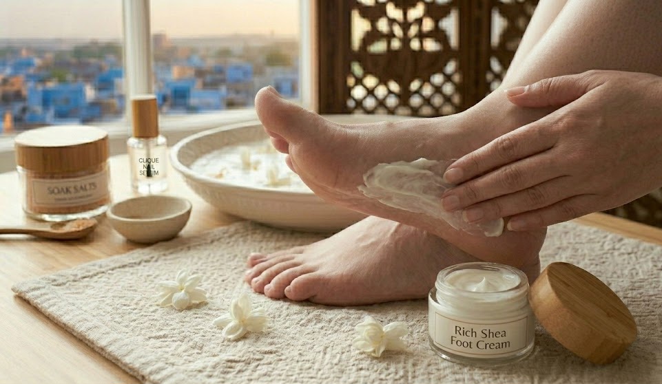 Applying foot cream after pedicure for soft heels