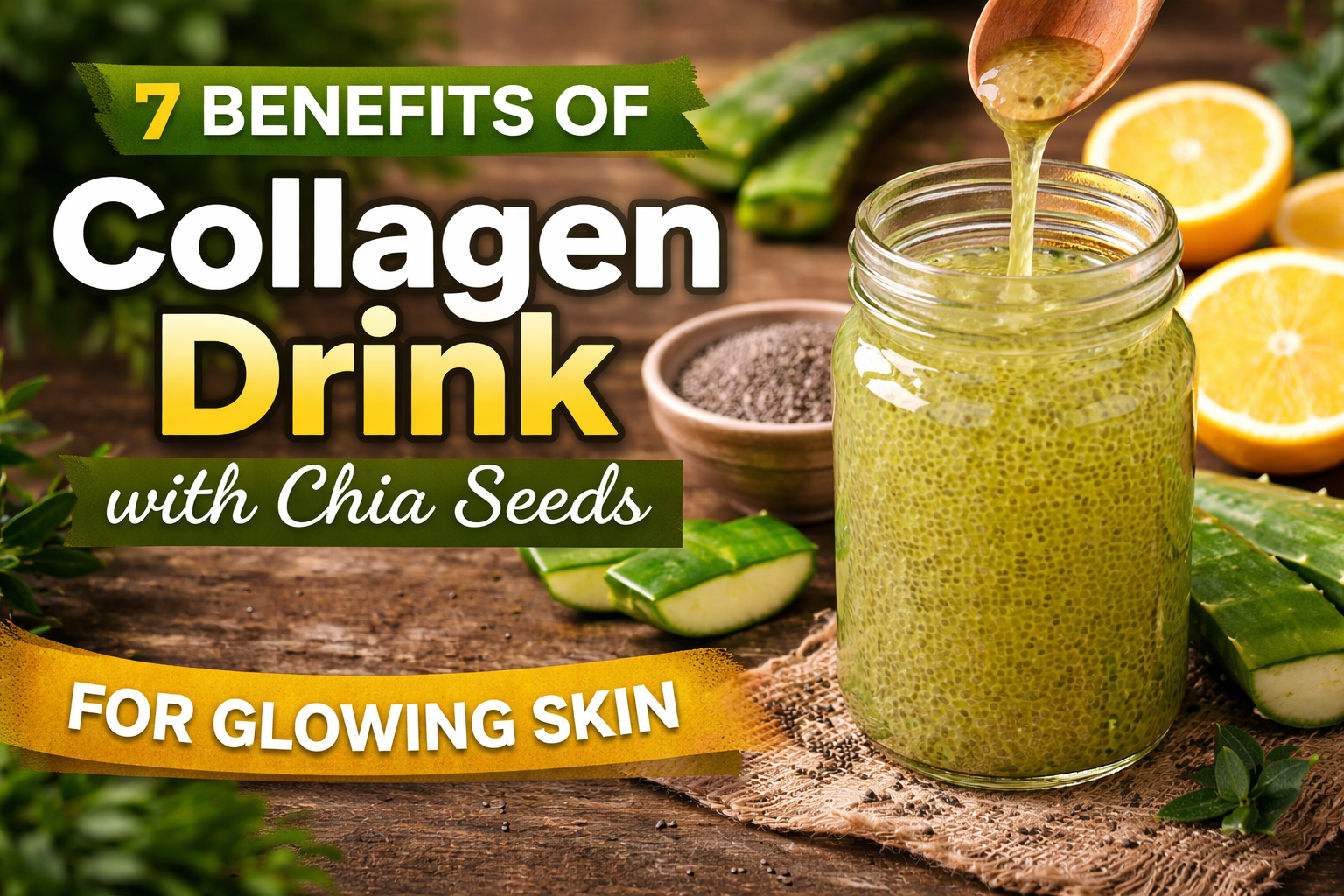 Collagen Drink with Chia Seeds for Glowing Skin in a Glass Jar