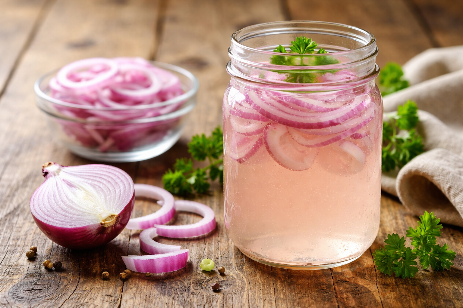 Jar of onion water with sliced red onions on a wooden table, natural remedy for hair growth and bald patches.