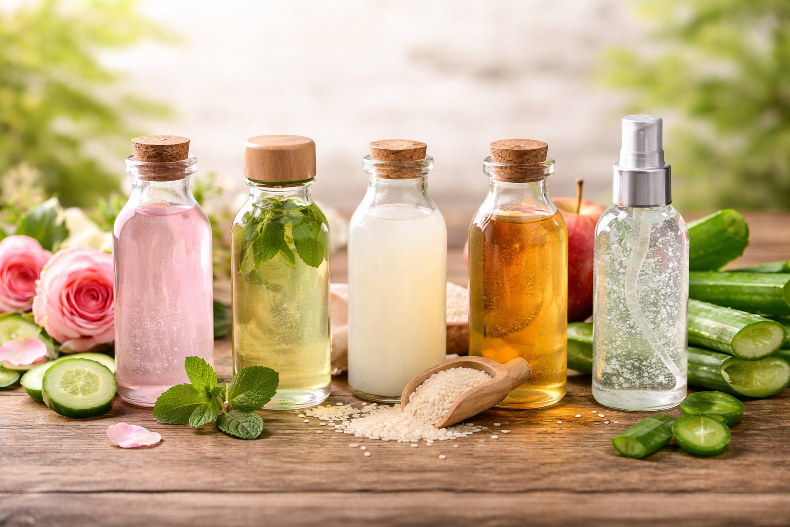 Five homemade skin toner bottles made with natural ingredients for glowing skin, acne, and dark spots