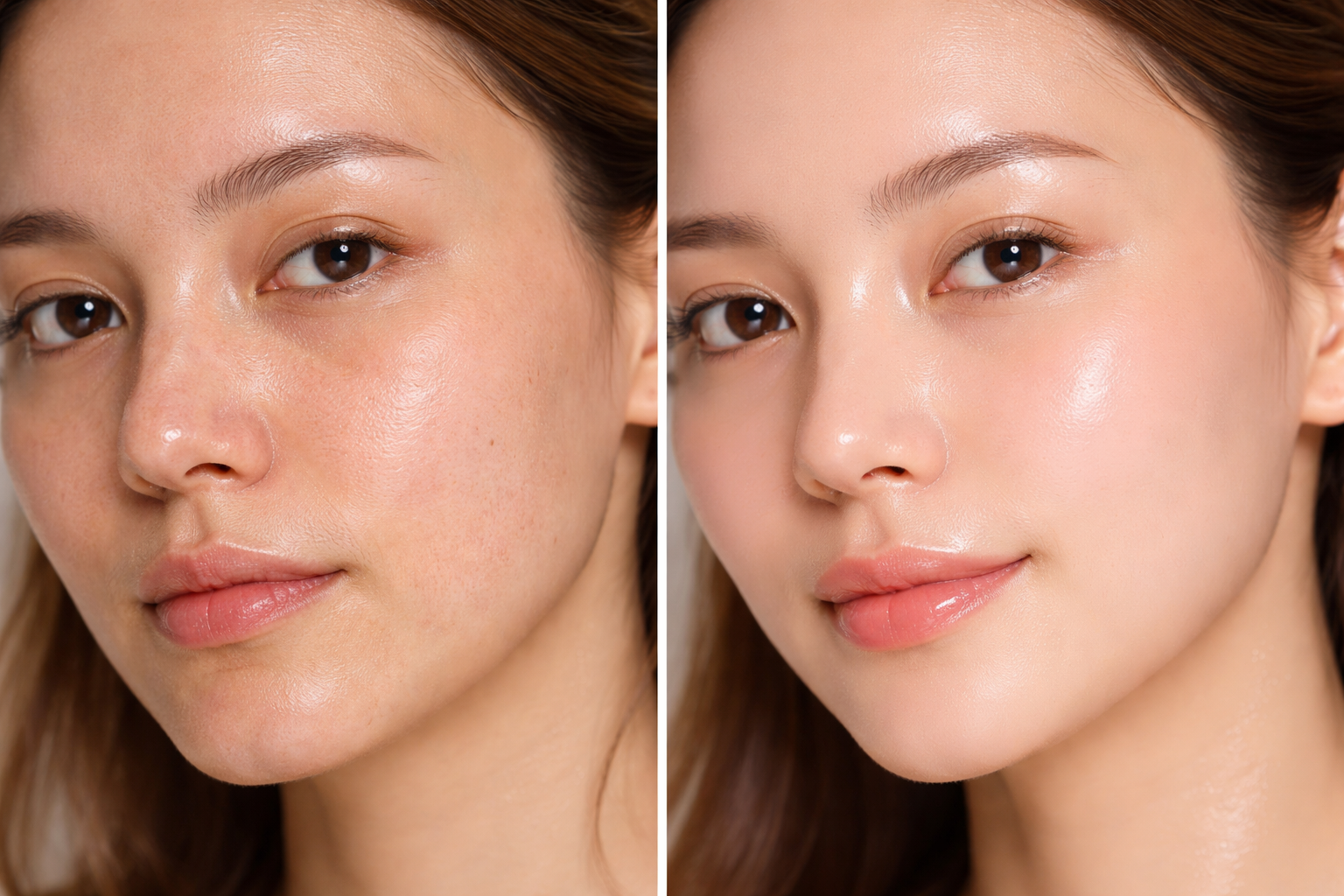 Korean skincare for dry skin before and after showing dry dull skin transforming into glowing glass skin