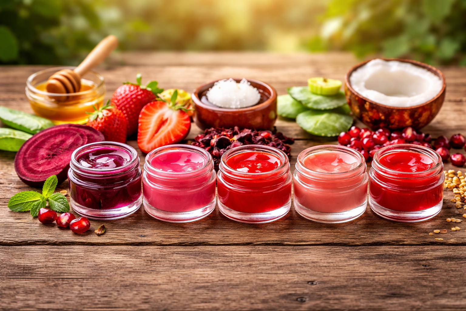 five natural diy lip tint bottles in different pink and red shades made from beetroot strawberry and hibiscus on wooden background