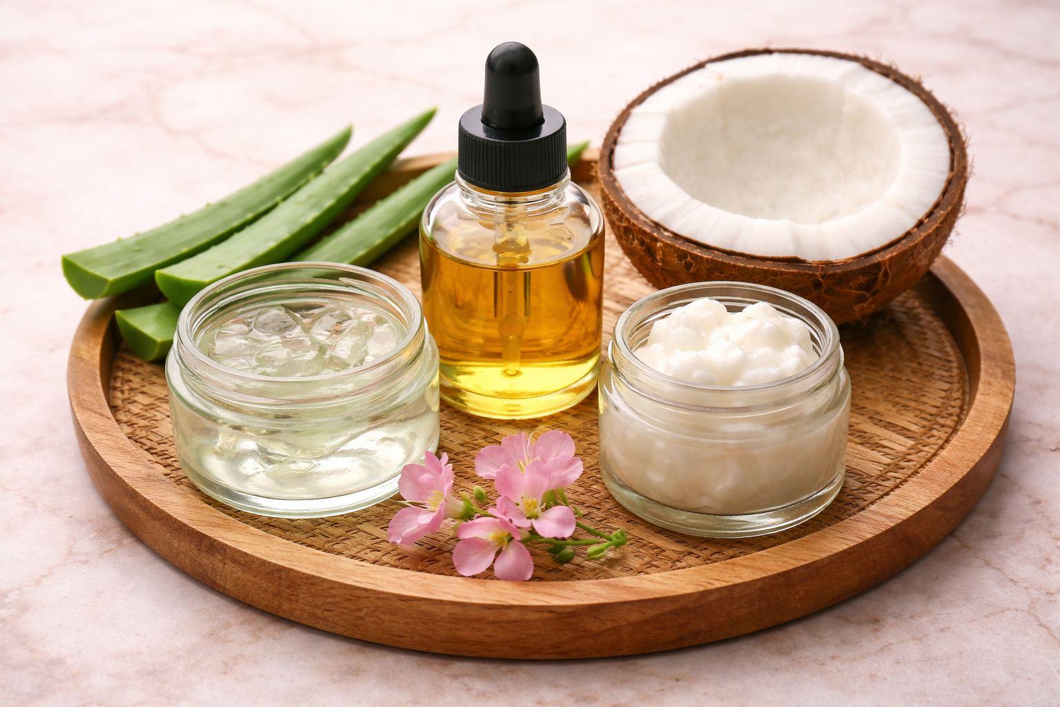 Natural eyelash growth ingredients with aloe vera gel, coconut oil and essential oils for longer thicker healthier lashes