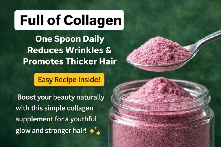Natural collagen powder for wrinkles and thicker hair – one spoon daily homemade collagen recipe feature image.