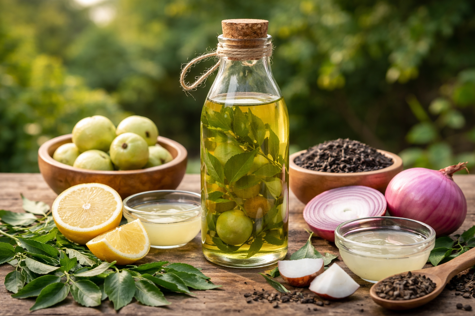 homemade natural oil for grey hair with amla curry leaves coconut and onion ingredients