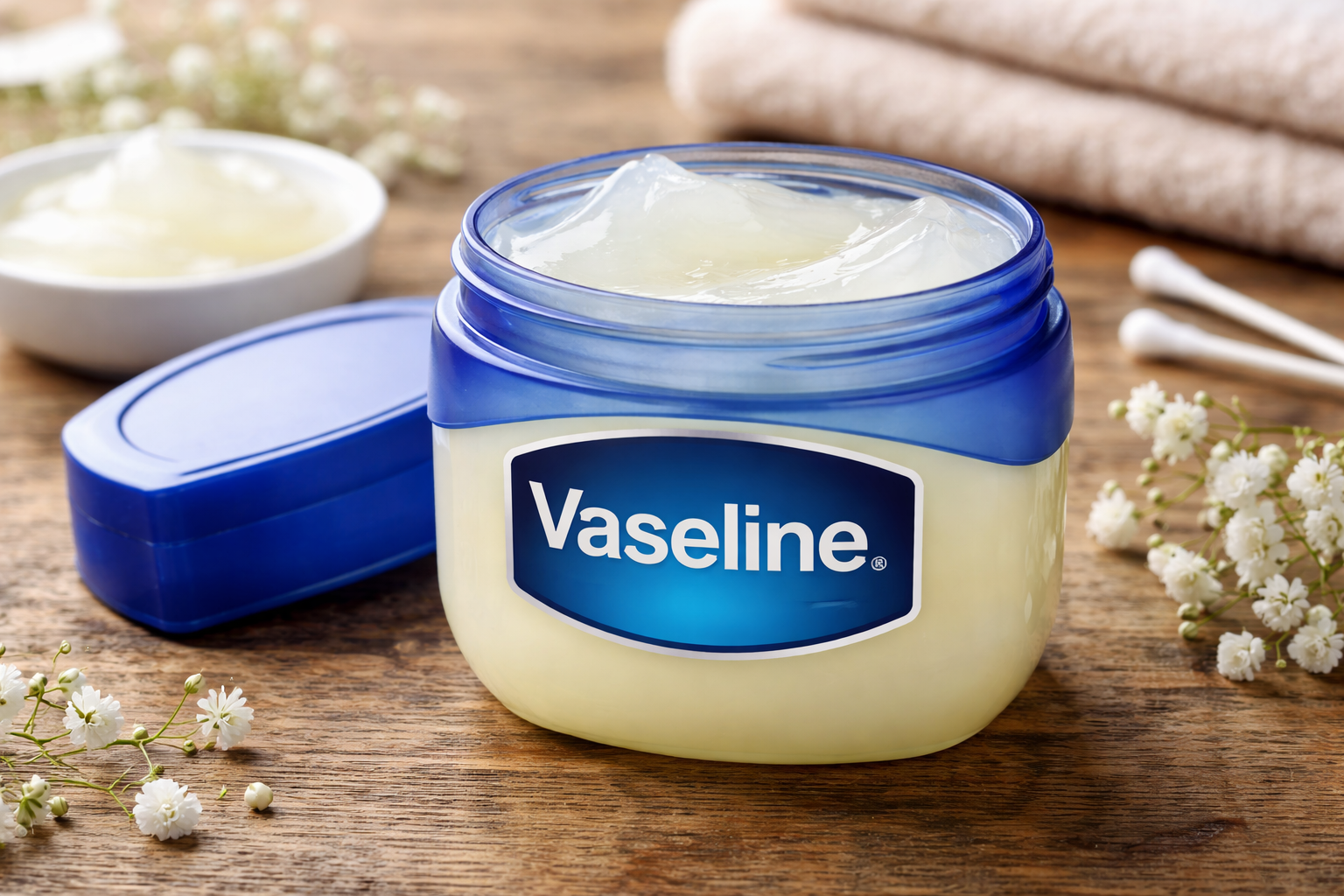 Open jar of Vaseline petroleum jelly on a wooden table, used as a beauty remedy for glowing skin, pink lips, and wrinkle care.