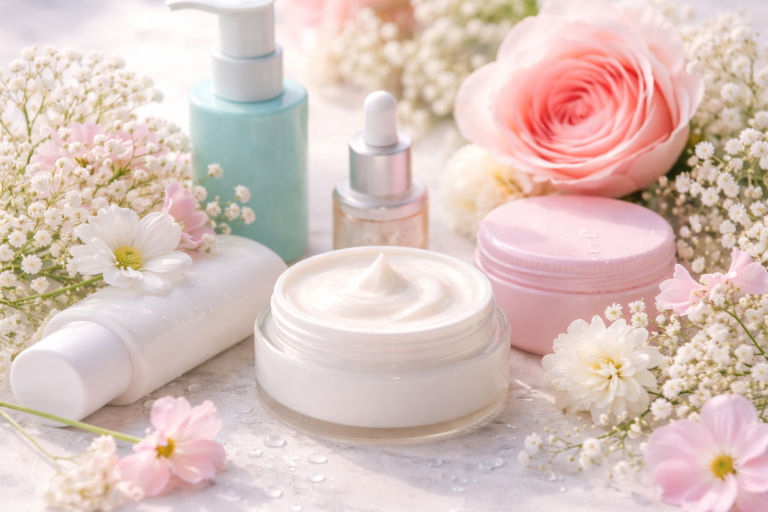 Soft aesthetic flat lay of hydrating skincare cream jar with serum bottles, pastel flowers, and water droplets on marble background for dry and dull skin care concept