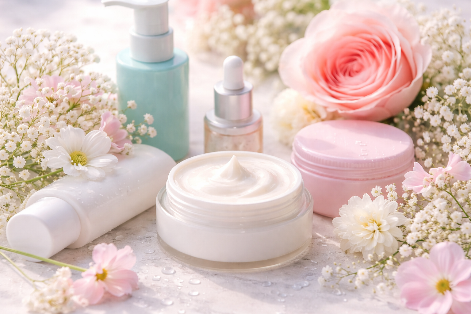 Soft aesthetic flat lay of hydrating skincare cream jar with serum bottles, pastel flowers, and water droplets on marble background for dry and dull skin care concept
