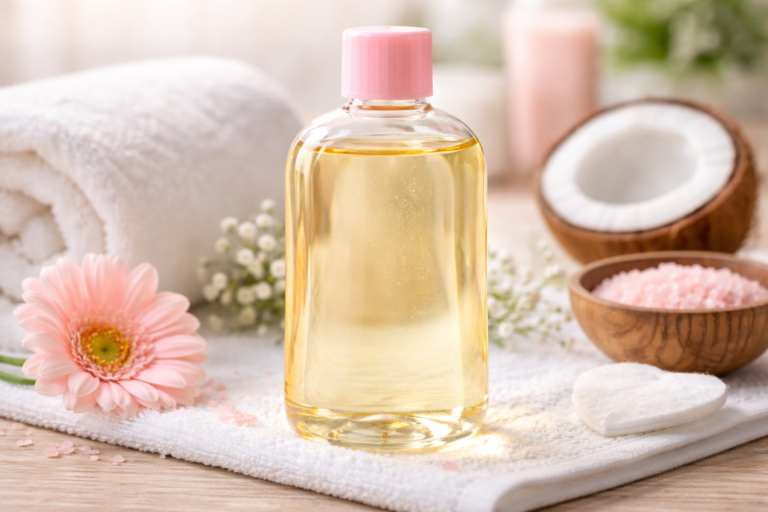 Baby oil bottle used for skincare to moisturize skin, reduce wrinkles and improve natural glow