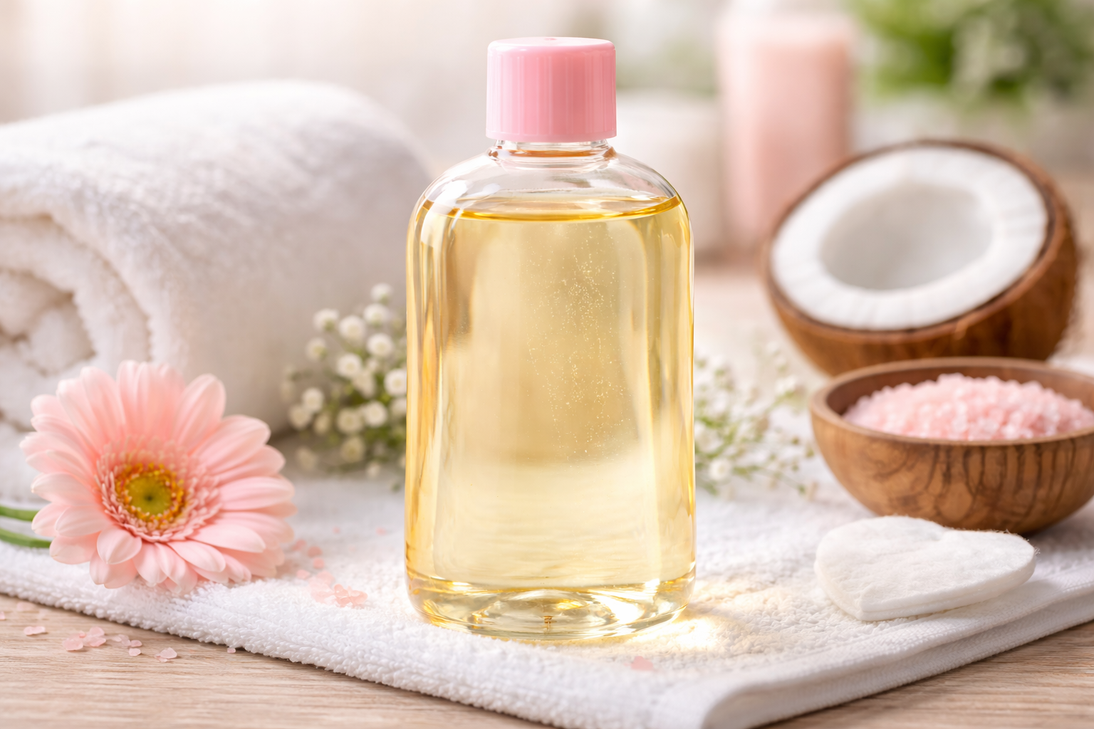 Baby oil bottle used for skincare to moisturize skin, reduce wrinkles and improve natural glow