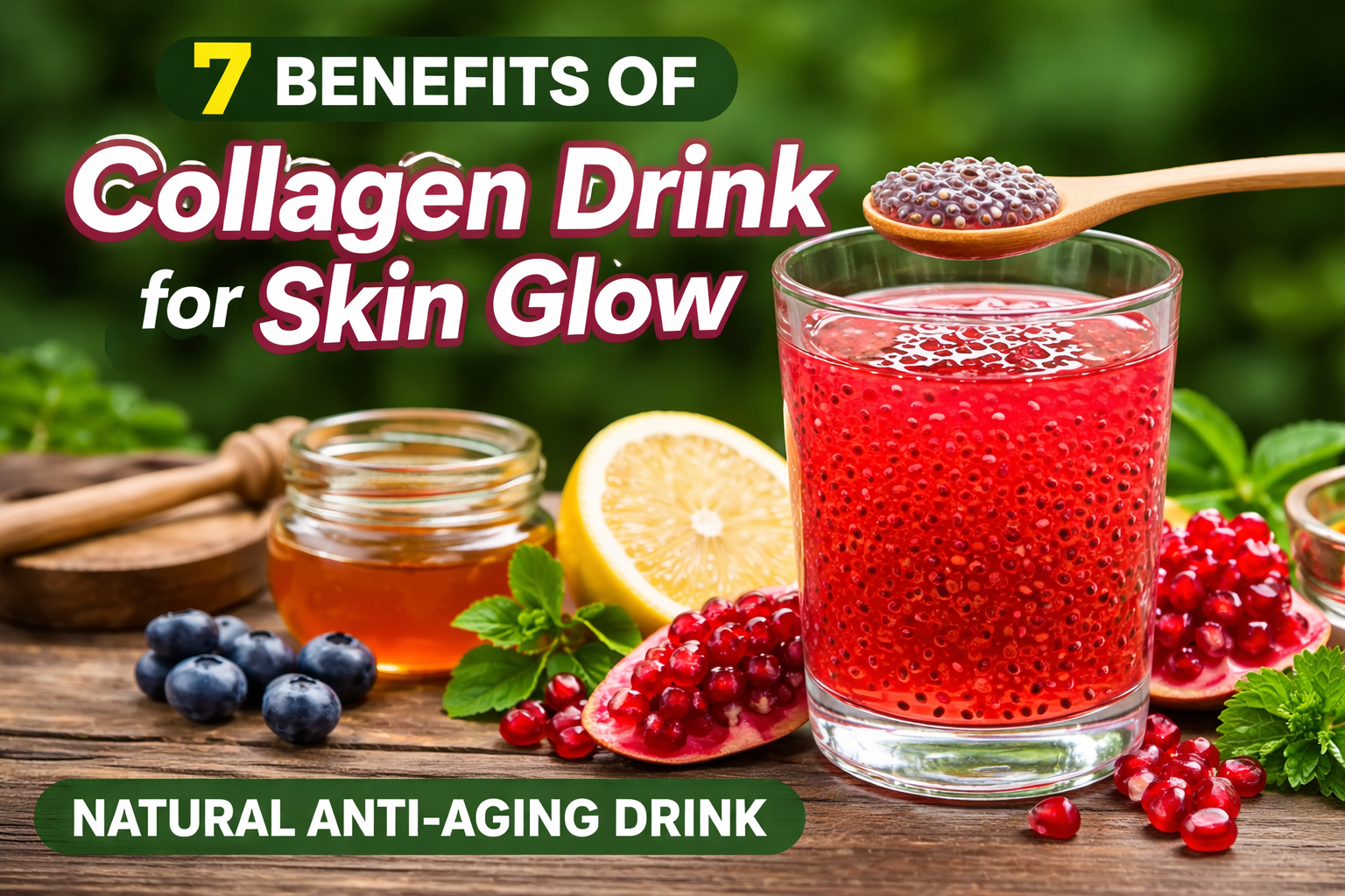 Collagen drink for skin glow made with basil seeds, lemon, honey, and pomegranate