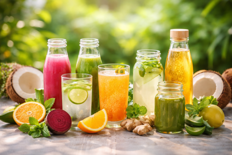 Colorful natural glowing drinks with fruits and herbs for healthy radiant skin