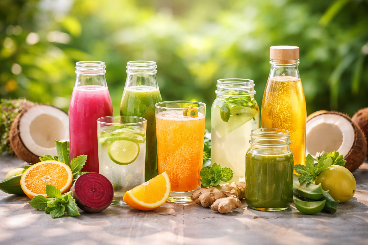 Colorful natural glowing drinks with fruits and herbs for healthy radiant skin