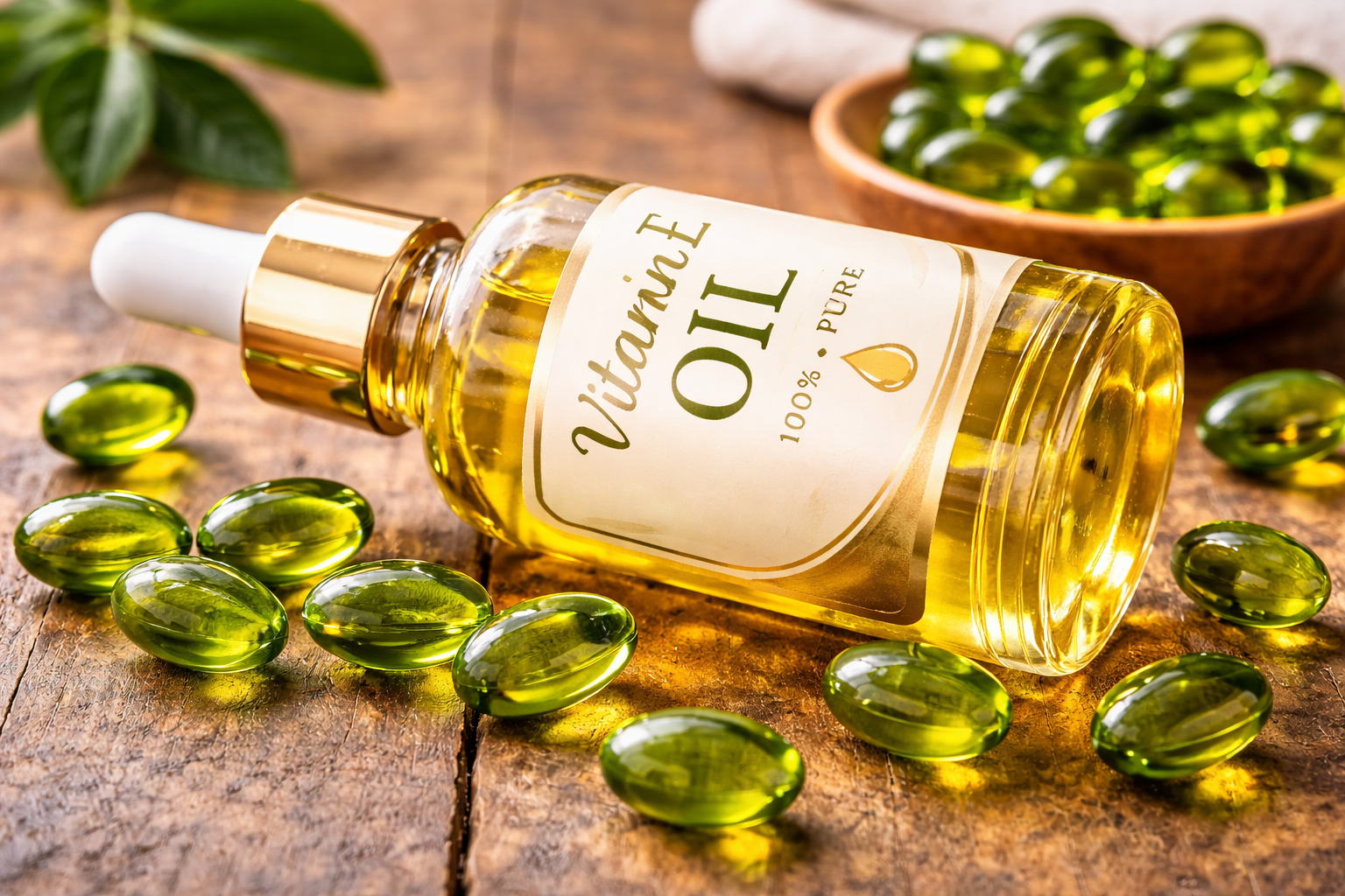 Bottle of vitamin E oil with green vitamin E capsules on a wooden surface, natural skincare remedy for youthful glowing skin.