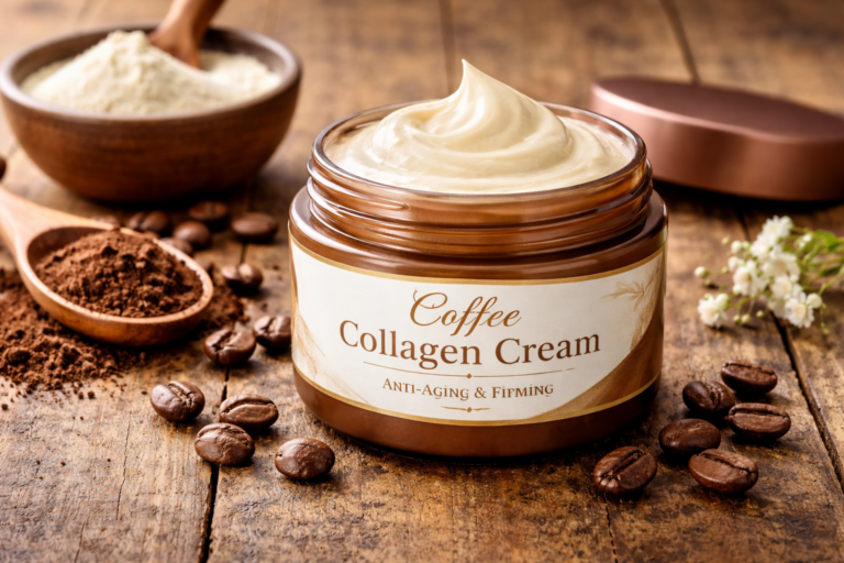 Jar of coffee collagen cream with coffee beans and powder, natural skincare product for glowing skin and anti-aging.
