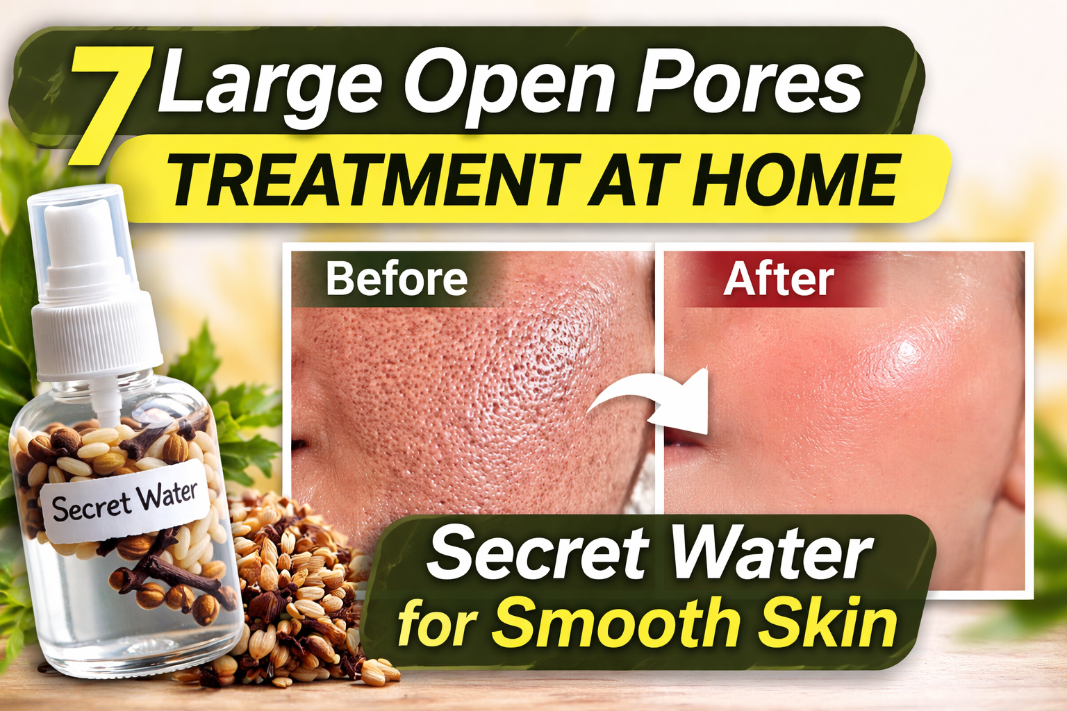 Large open pores treatment at home using secret water remedy with before and after skin results showing smooth and clear face