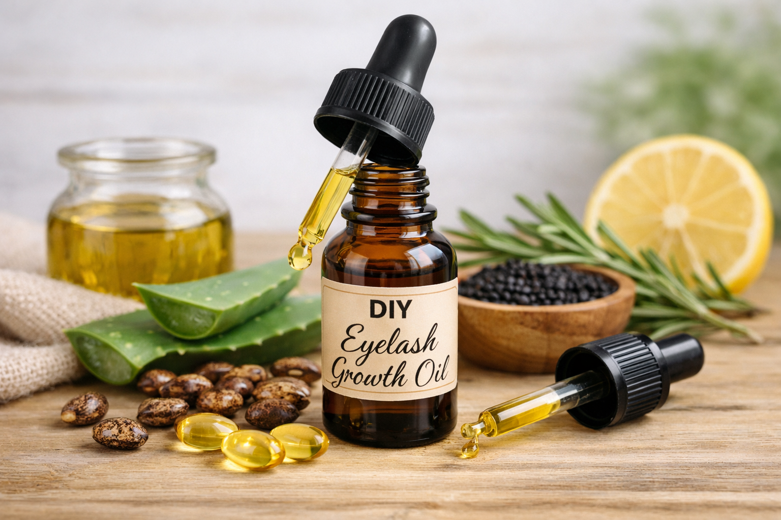 DIY eyelash growth oil bottle with dropper, surrounded by castor oil, aloe vera, and vitamin E capsules