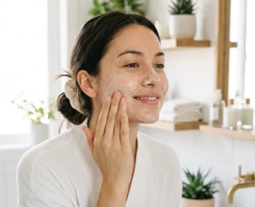 korean facial at home cleansing step using milk and rice flour