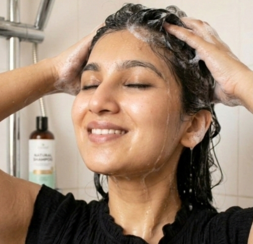Woman washing her hair with shampoo before starting a natural keratin treatment at home