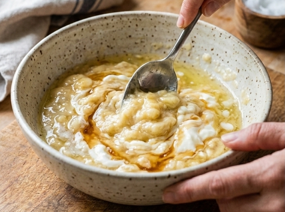 Mixing banana, egg, honey, curd, and coconut oil for homemade keratin hair mask