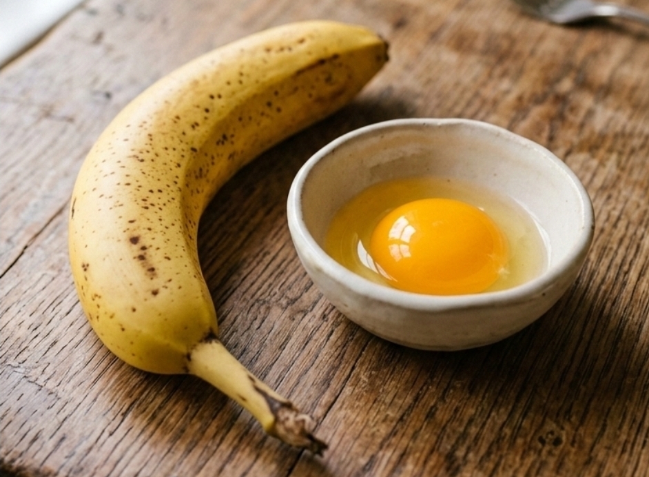 Ripe banana and raw egg in a bowl for homemade natural keratin hair treatment