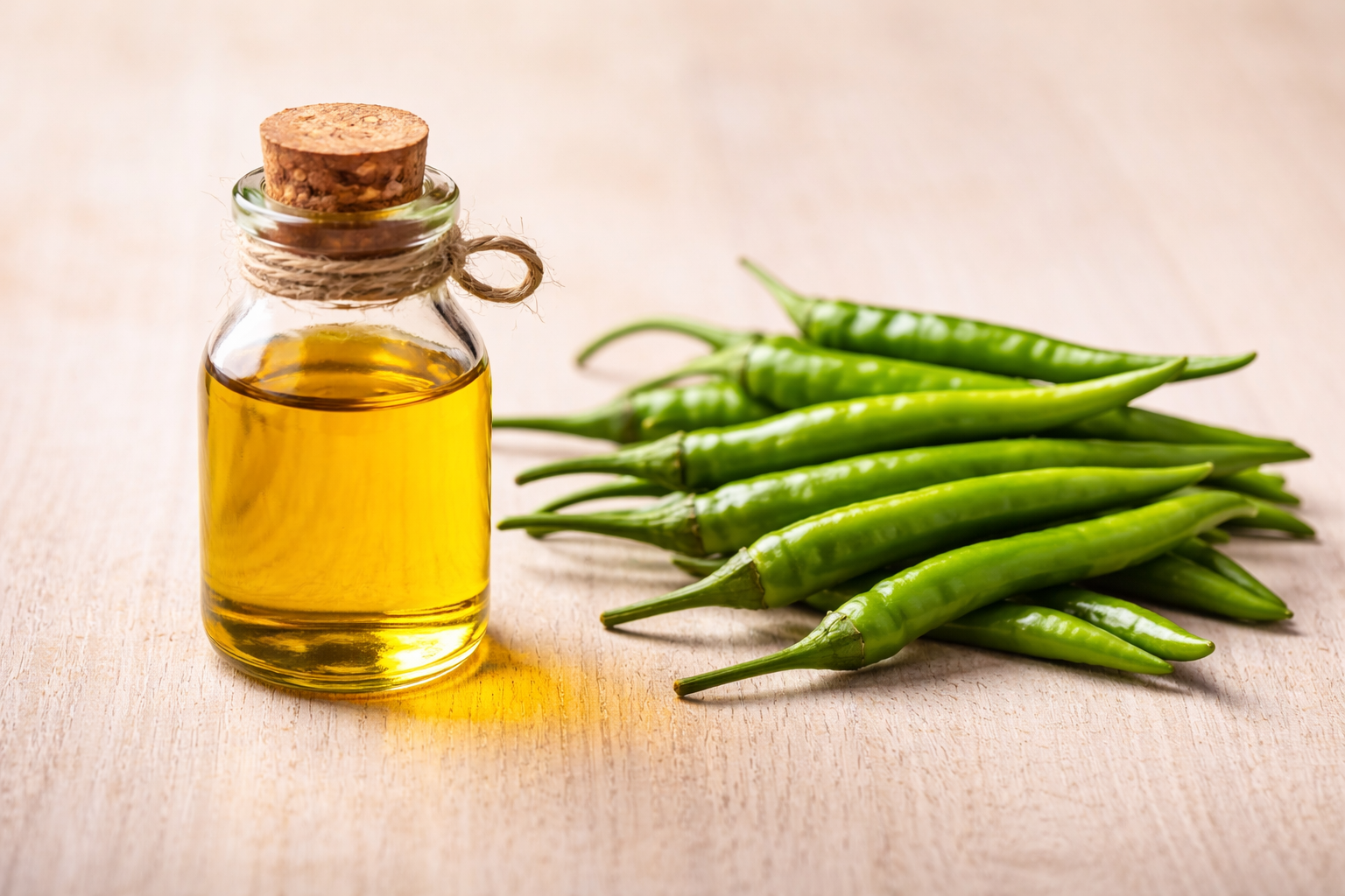 Small glass bottle of mustard oil placed beside fresh green chillies for natural eyesight remedies at home