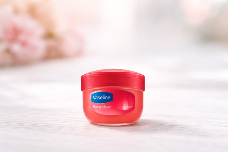 Small red vaseline lip balm container used for naturally pink lips at home