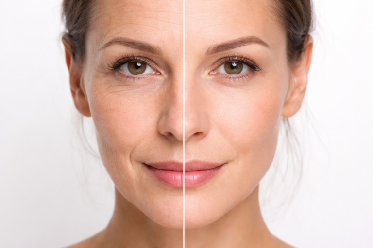 Wrinkles vs glowing skin comparison showing collagen benefits for anti-aging